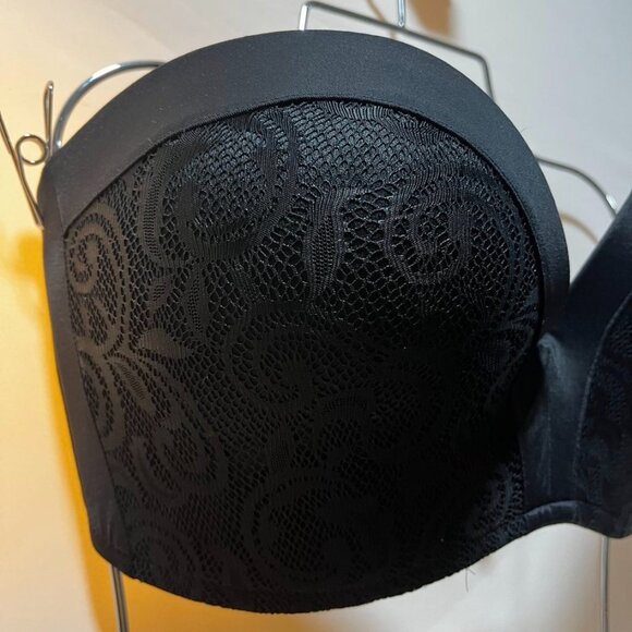 Black Strapless Lace Balconette Bra Structured Push-Up Underwire Top 36E - Picture 12 of 16